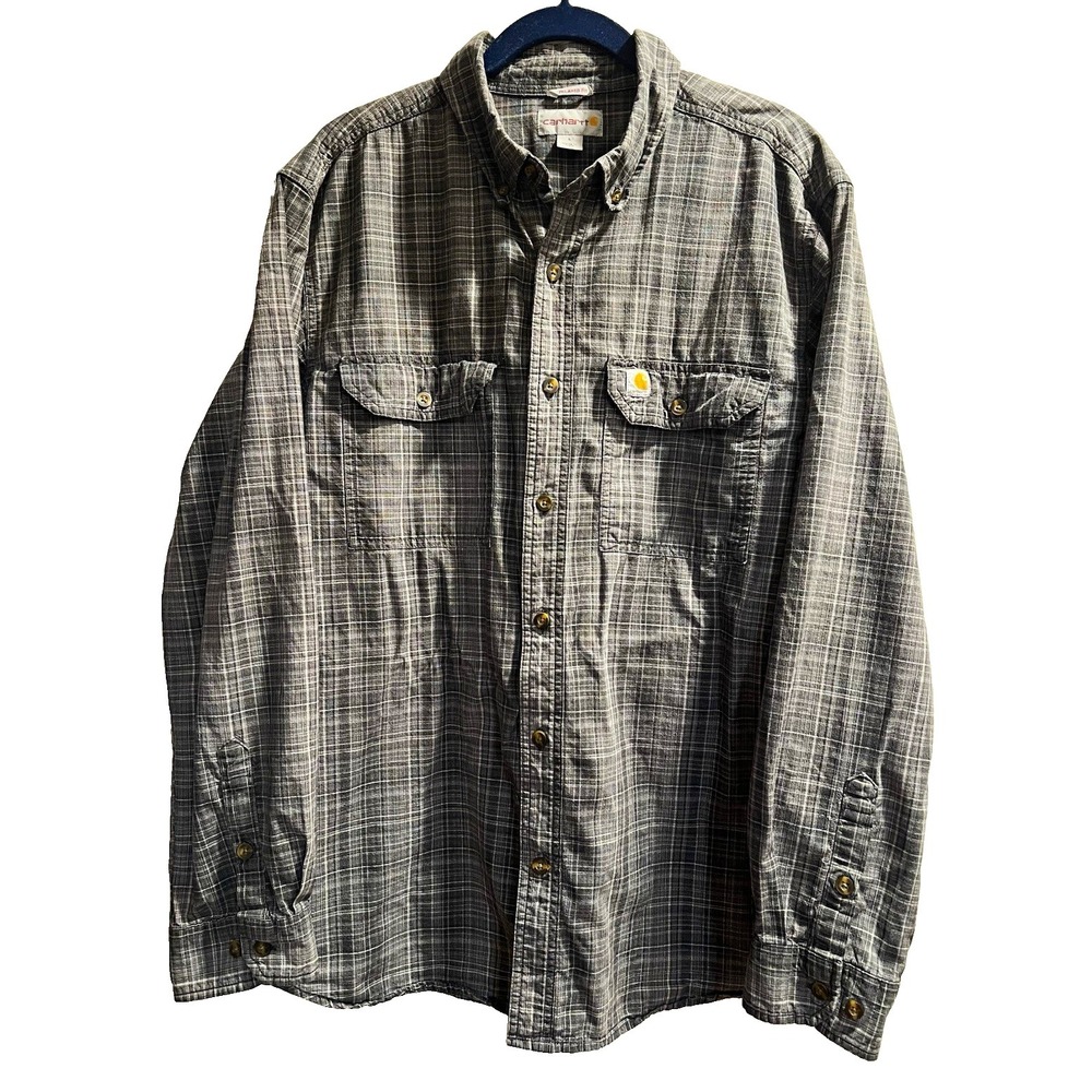 Carhartt Mens Large Relaxed Fit Gray Plaid Long Sleeve Button-Up Shirt 103352